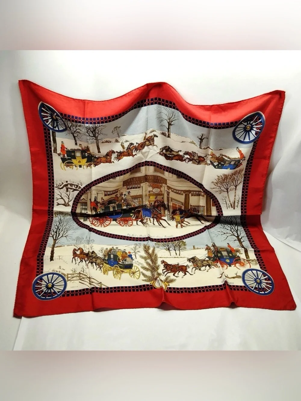 Authentic Hermès Horse Carriage Street Winter Field Red Blue White Silk Scarf 90